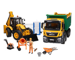 Bruder 03766 MAN TGS wywrotka i koparka JCB 5CX 02454 oraz zestaw akcesoriów budowlanych