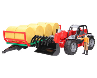 Zestaw Bruder ładowarka Manitou 02125 + przyczepa z balotami 02220 oraz figurka