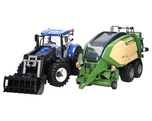 Bruder 03121 ciągnik New Holland + Bruder 02033 prasa kostkująca Krone Big Pack 1290 HDP VC z 2 kostkami