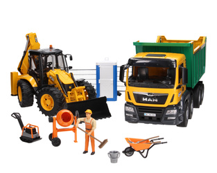 Bruder 03766 MAN TGS wywrotka i koparka JCB 5CX 02454 oraz zestaw akcesoriów budowlanych