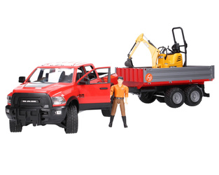 Zestaw Bruder 02500 Pick-Up RAM + przyczepka 02019 + koparka 62003 + figurka