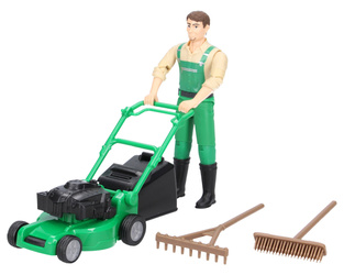 Bruder 62103 figurka ogrodnika z kosiarką grabiami i szczotką