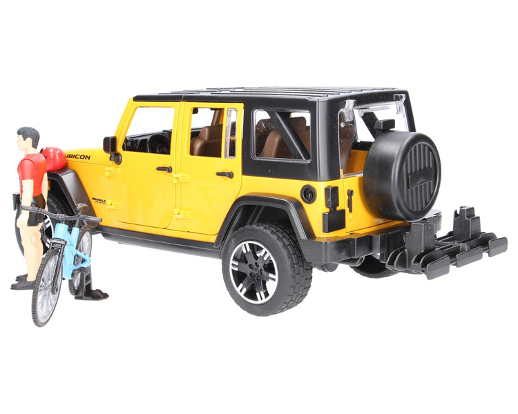 Bruder 02543 Jeep Wrangler Rubicon z figurką kolarza i rowerem górskim