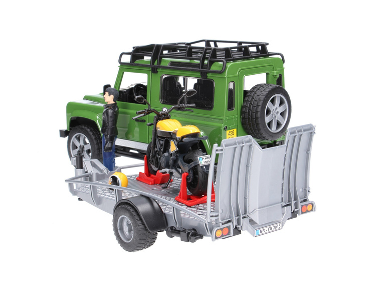 Bruder 02589 Land Rover Defender z przyczepą, motocyklem i figurką 