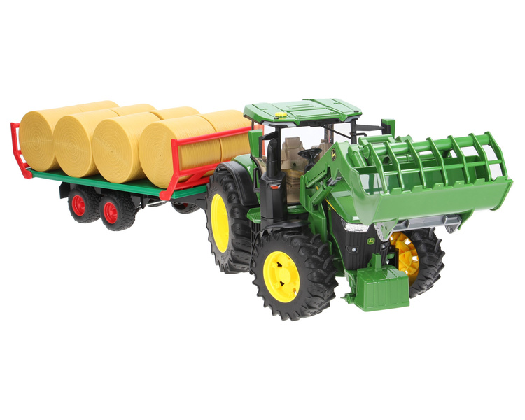 Zestaw Bruder traktor John Deere 03151 z ładowaczem + przyczepa do bel 02220