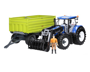 Zestaw Bruder traktor New Holland 03121 + przyczepa z wywrotem oraz figurka mężczyzny