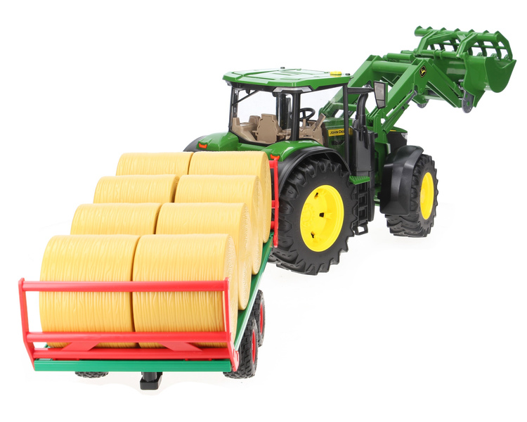 Zestaw Bruder traktor John Deere 03151 z ładowaczem + przyczepa do bel 02220