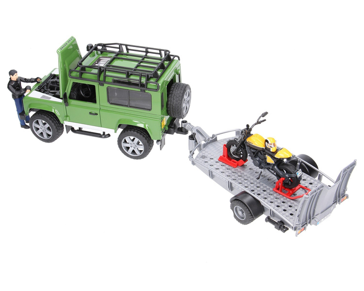 Bruder 02589 Land Rover Defender z przyczepą, motocyklem i figurką 