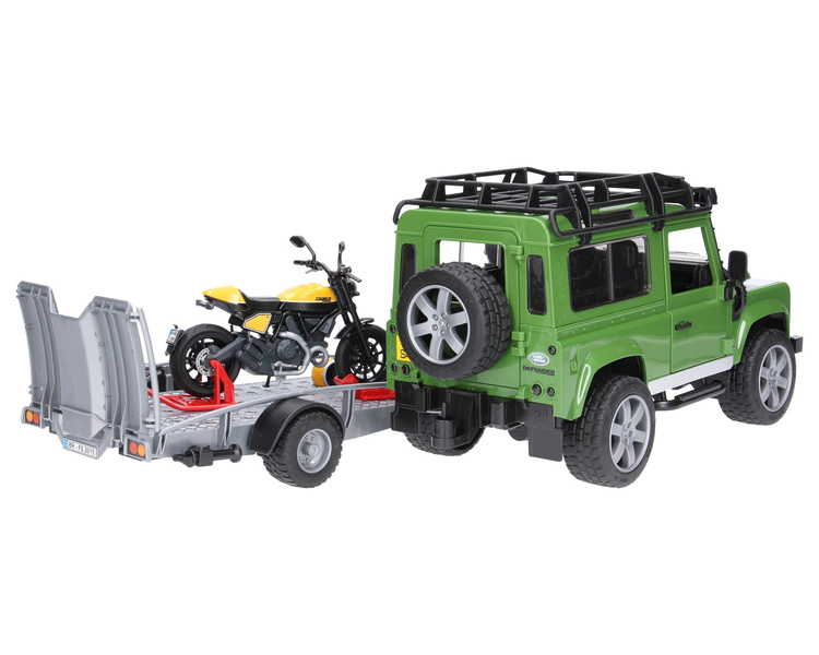 Bruder 02589 Land Rover Defender z przyczepą, motocyklem i figurką 