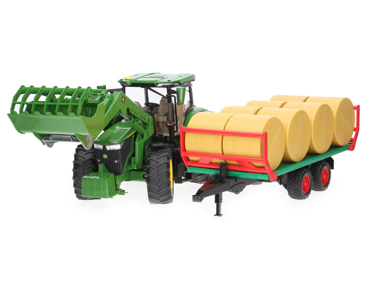 Zestaw Bruder traktor John Deere 03151 z ładowaczem + przyczepa do bel 02220