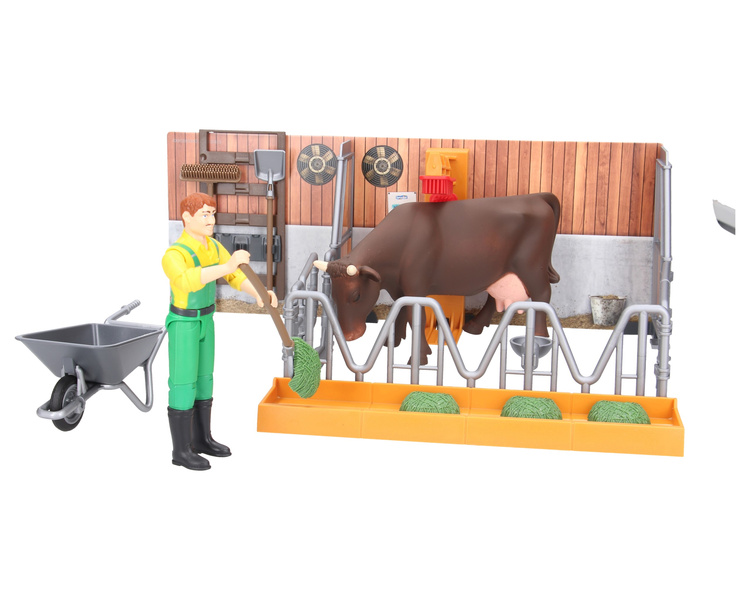 Bruder 62611 bWorld obora z figurkami rolnika, krowy i cielaka